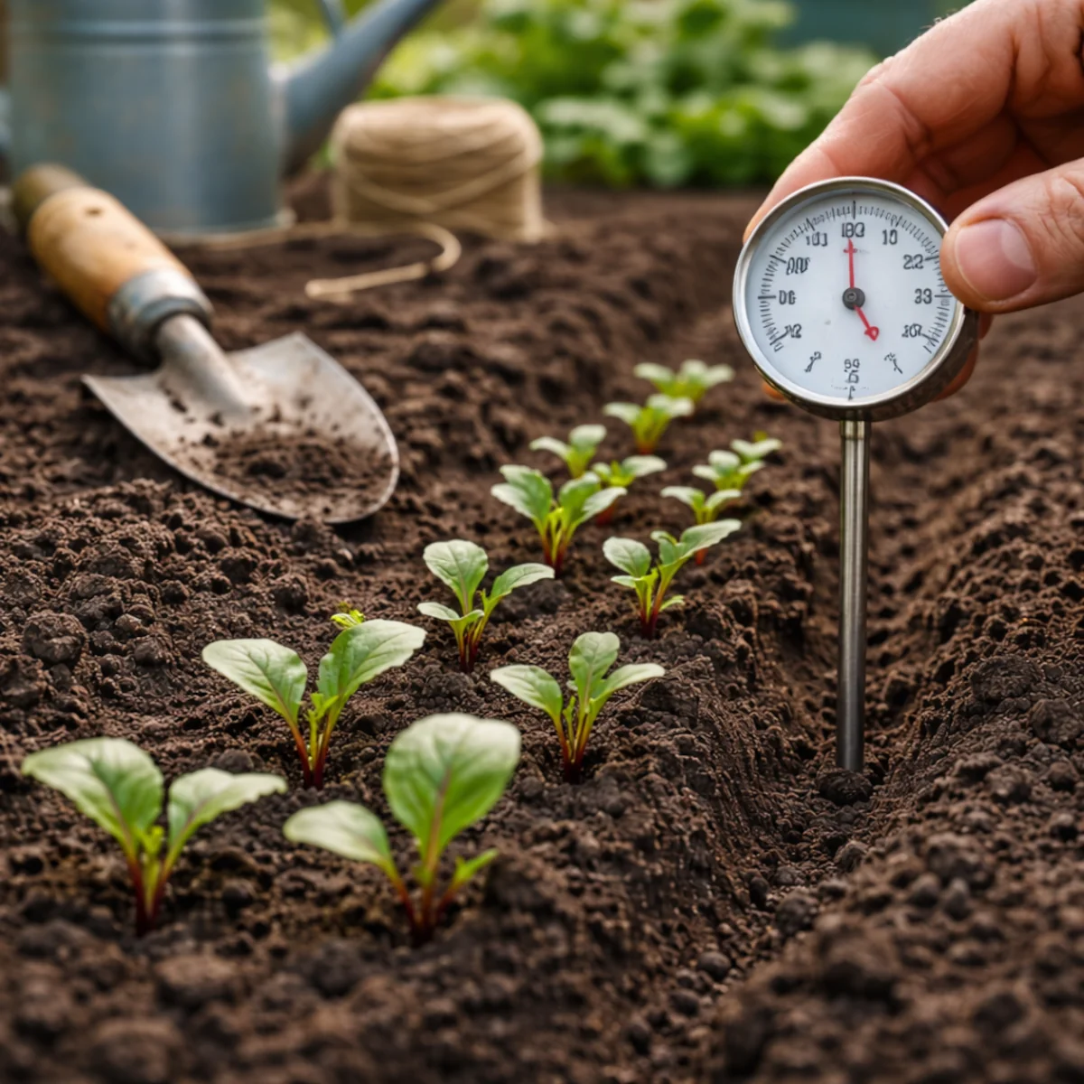 Wschody buraków na grządce i pomiar temperatury gleby przed siewem