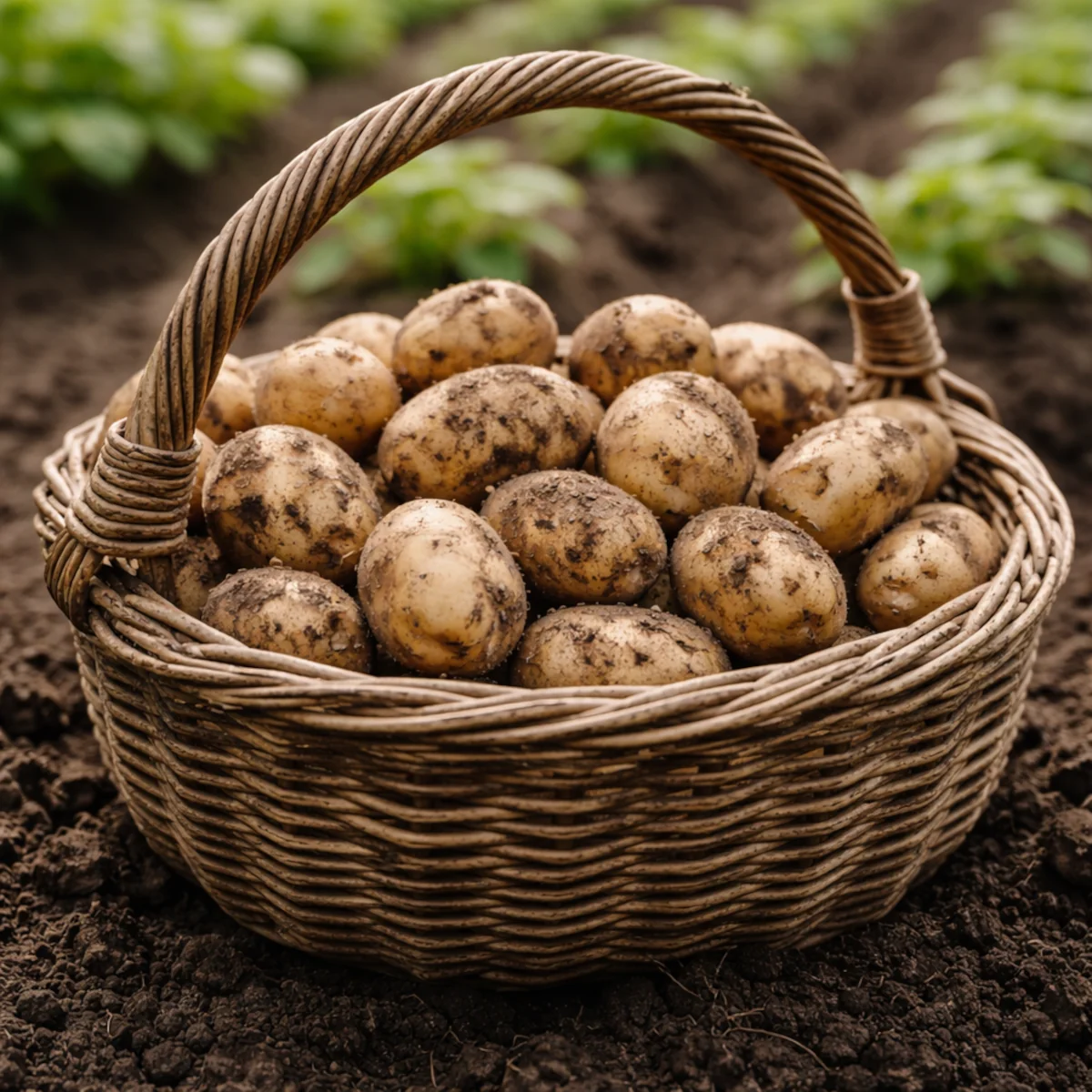 Koszyk z ziemniakami ustawiony na grządce w ogrodzie warzywnym