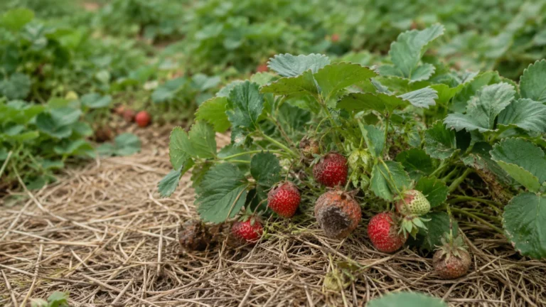 Grządka z truskawkami na słomie i owocami gnijącymi przed zbiorem