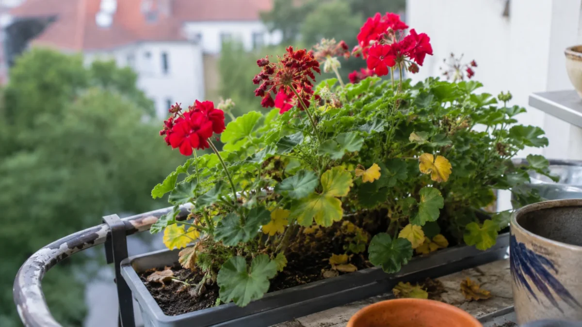 Pelargonie żółkną po wystawieniu na balkon, czerwone kwiaty w skrzynce z widocznymi żółtymi liśćmi