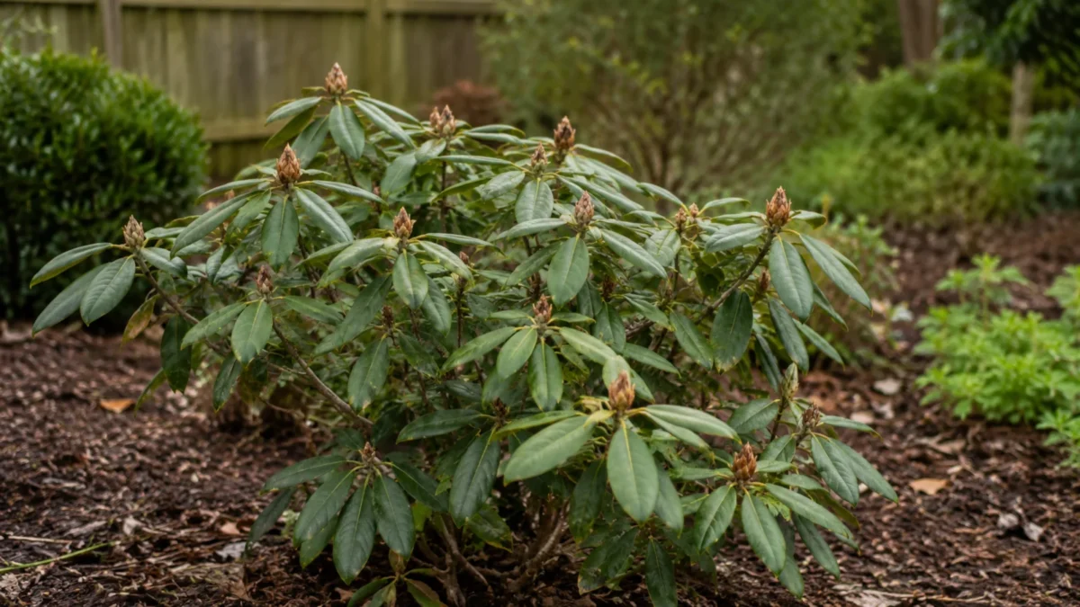 Rododendron bez kwiatów rosnący w ogrodowej rabacie z korą