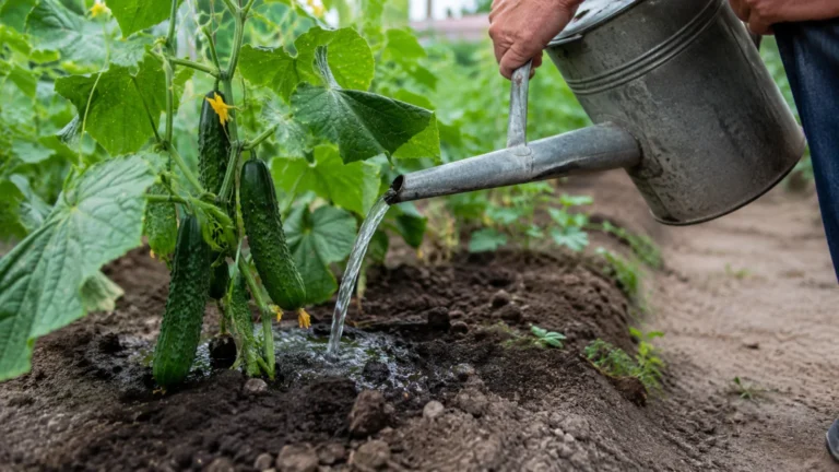 Podlewanie ogórków przy korzeniach na grządce, aby uniknąć gorzkiego smaku owoców