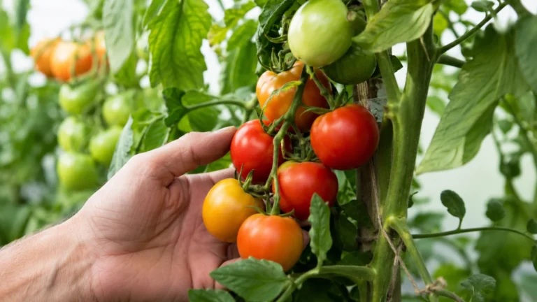 Czerwone, pomarańczowe i zielone pomidory dojrzewające na krzaku