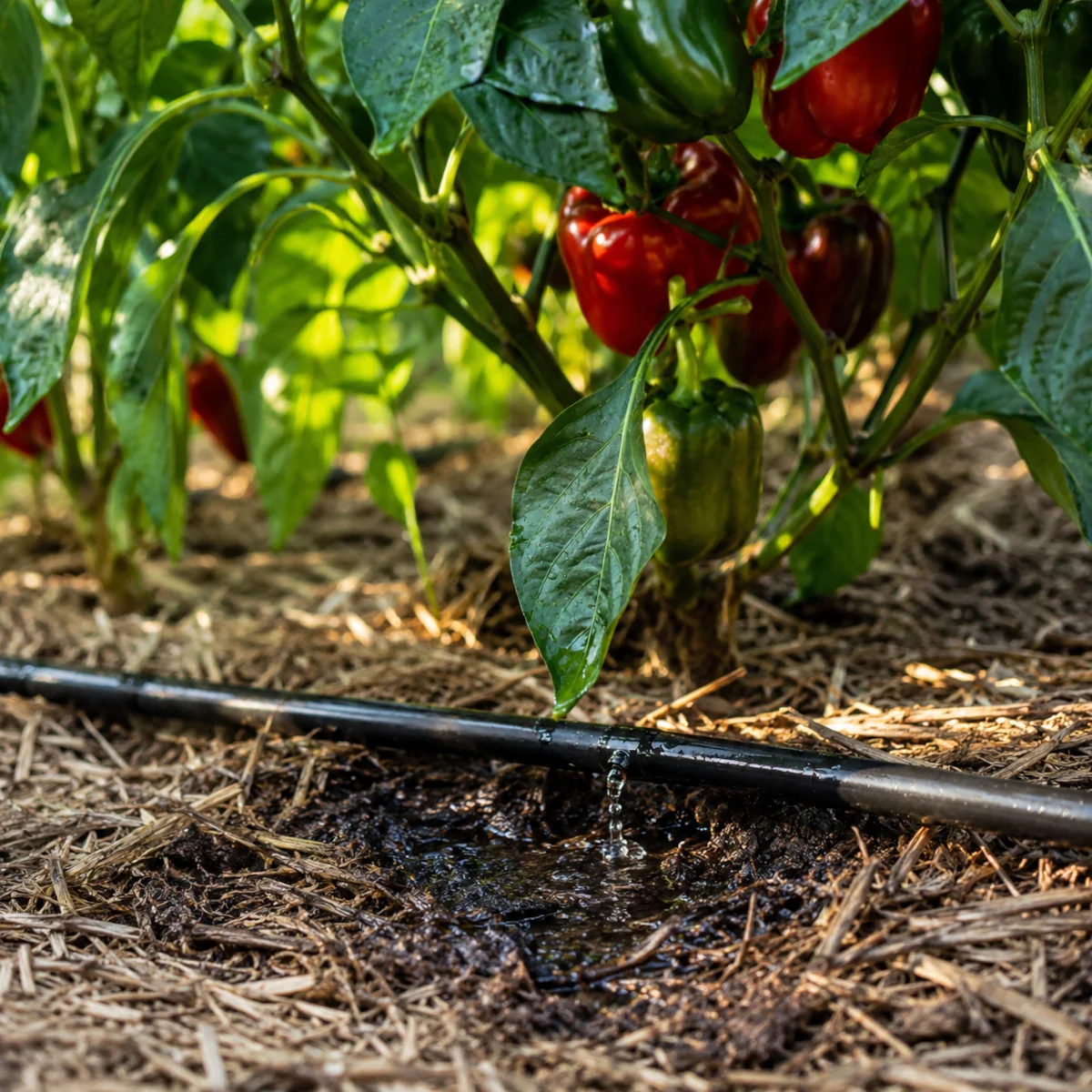 Linia kroplująca podlewająca ściółkowaną grządkę z papryką