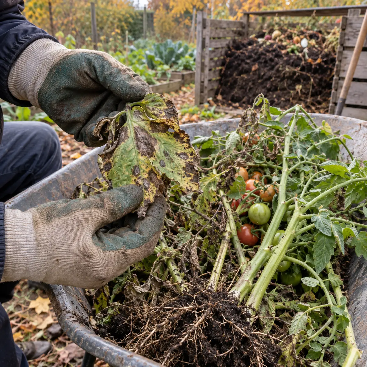 Chore liście pomidorów oddzielane przed kompostowaniem