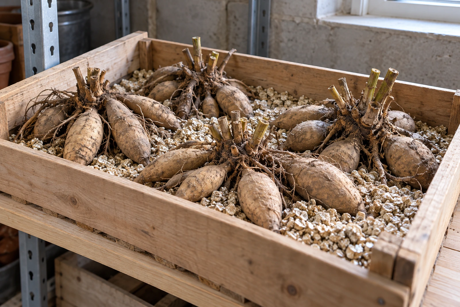 Karpy dalii ułożone w drewnianej skrzynce z jasnym wypełnieniem.